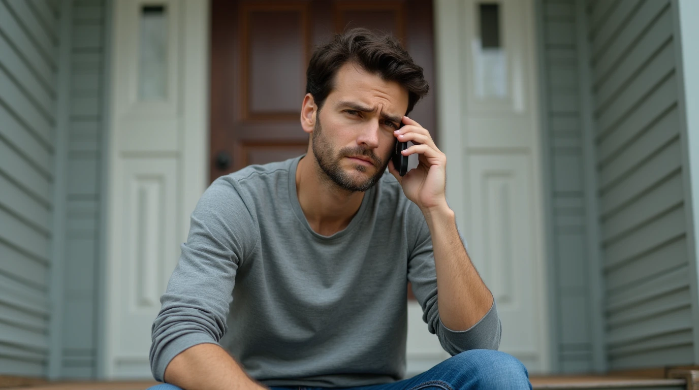 photo for a blogpost about Locked Out? Here’s What to Do Before Calling a Locksmith - a person sitting in front of a door talking on the phone, frustrated